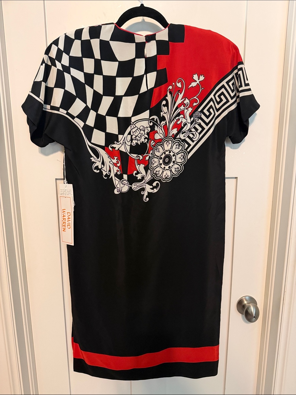 Vintage 80s 90s Deadstock David Warren 100% Silk Black and Red Graphic Dress - Picture 6 of 8